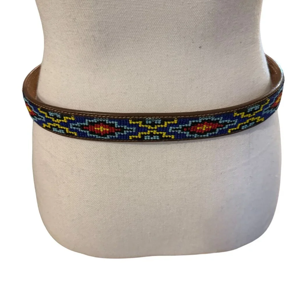 Vintage Ann Taylor Beaded Leather Buckle Belt Size Large Southwestern Statement